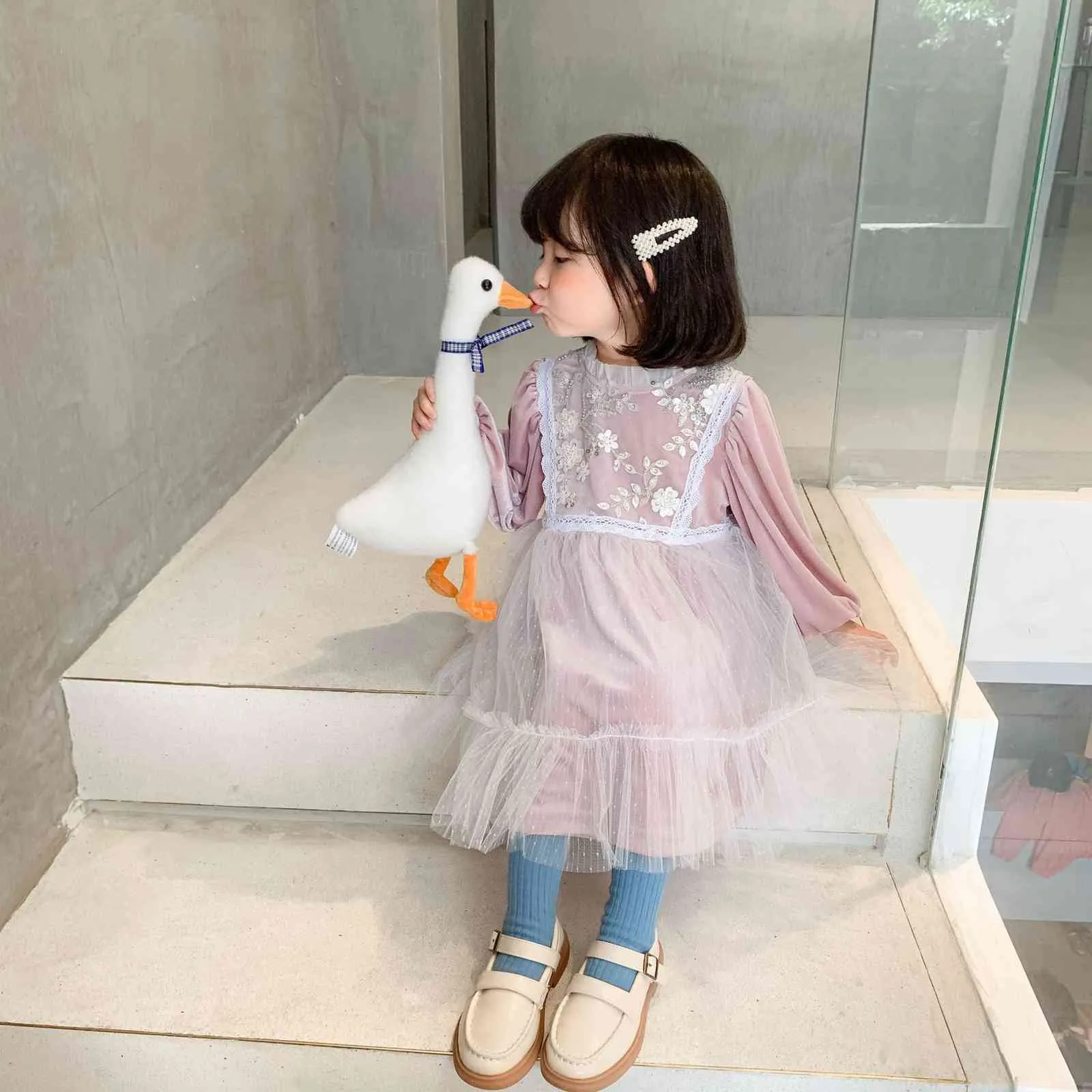 가을 귀여운 아기 소녀 벨벳 메쉬 공주 드레스 1-6 년 소녀 패션 파티 드레스 210508