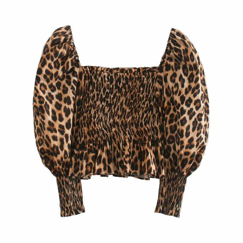 Leopard Print Stretchy Zaブラウス女性Puffスリーブシャツスモーク弾性ディテールフリル裾ビンテージカジュアル女性トップ210602