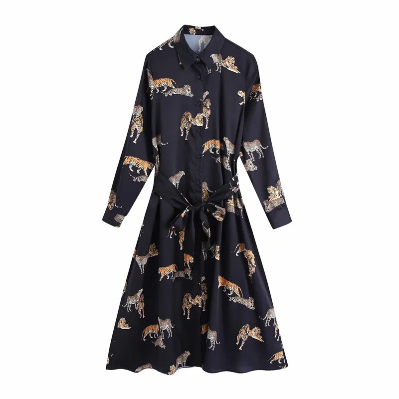 Women Summer Vintage Shirts Dress Long Sleeve Animal Print Sashes Bow Tie Female Elegant Street Dresses Vestidos BB2956 210513