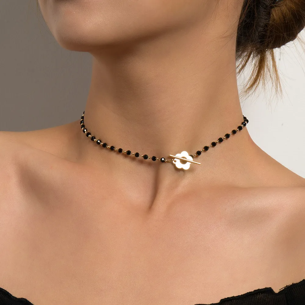 Nouvelle Mode De Luxe Noir Cristal Perle De Verre Chaîne Collier Ras Du Cou Pour Les Femmes Fleur Lariat Collier De Verrouillage Collier CadeauxPrix Usine Expert Conception Qualité