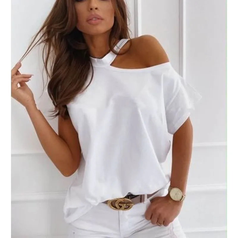 T-shirts sexy pour femmes Summer White Tops Mode Creux Out Manches courtes T-shirts noirs Dames Street Casual Off Épaule Plus Taille Y0508