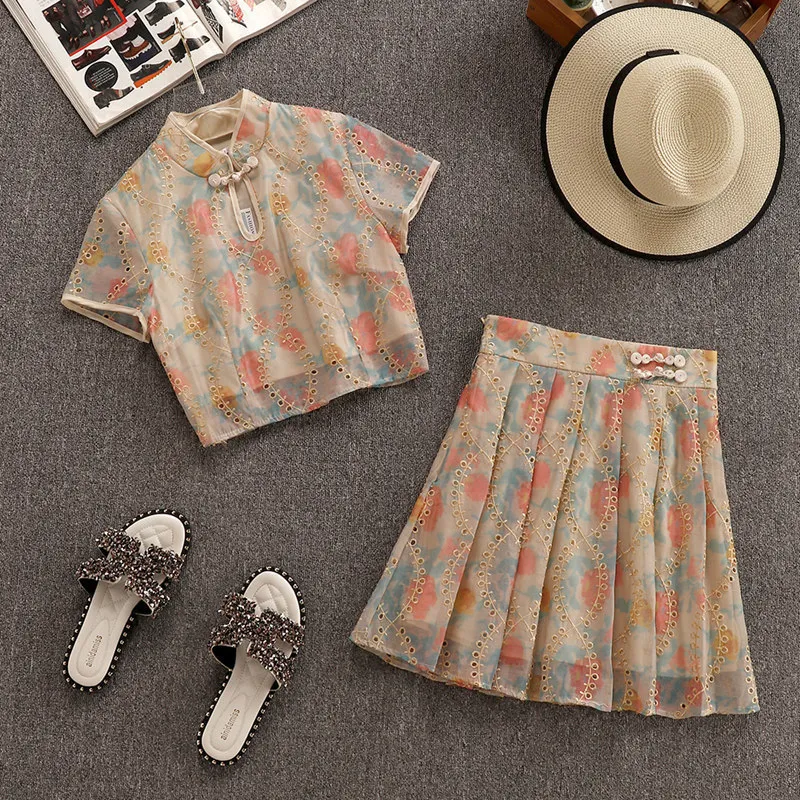Chinese cheongsam ontwerp mode vrouwen zomer floral t-shirt + rokken 2 stuks sets vrouwelijke pakken jurken 210428
