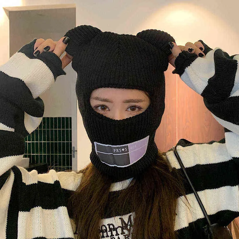 Bear Ears Bivakmuts Dames 1 Gat Ski Masker Handgemaakte Gehaakte Volledige Gezicht Wollige Hoed Schattig Meisje Winter Streetwear Warme Muts 2201057218169