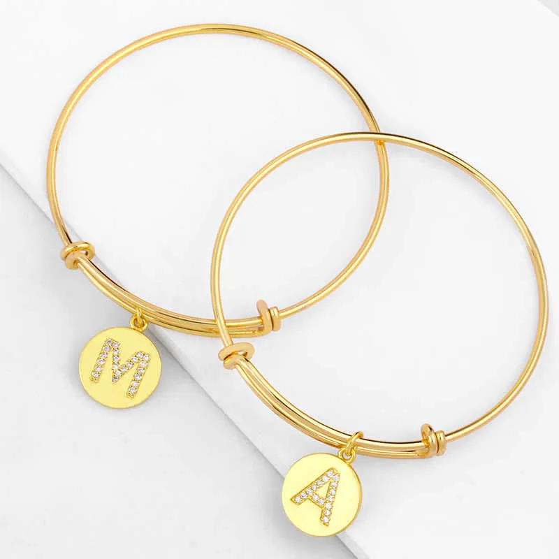 Gold Filled Letter Charm Bangles for Women with Stone Initial Name Bangle Bracelet Zirconia Diy Jewelry Making Women Gift Brtc34 Q0719