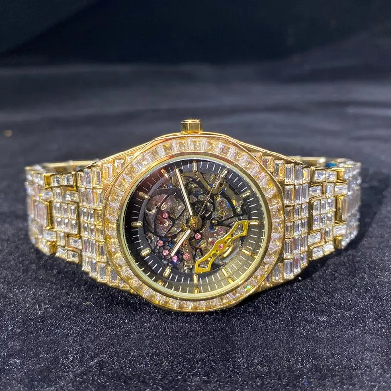 Skeleton Mechanical Watch Men Tourbillon Automatic Mens Watches Hip Hop Iced Out Diamond Wristwatcch Around CZ Reloj Hombre Wristw278I