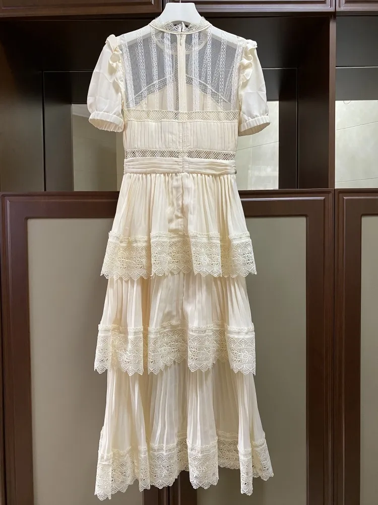 Vestido de diseñador de autorretrato de pasarela de alta calidad, vestido de mujer de verano de retazos Vintage con volantes de encaje acampanado ajustado Maxi Midi 210506