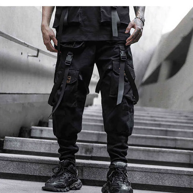 Spring New Men's Cargo Pants Loose Multi Pocket Ribbon Trousers Fashion Style Casual Overalls Streetwear Hip Hop Function Pants H1223