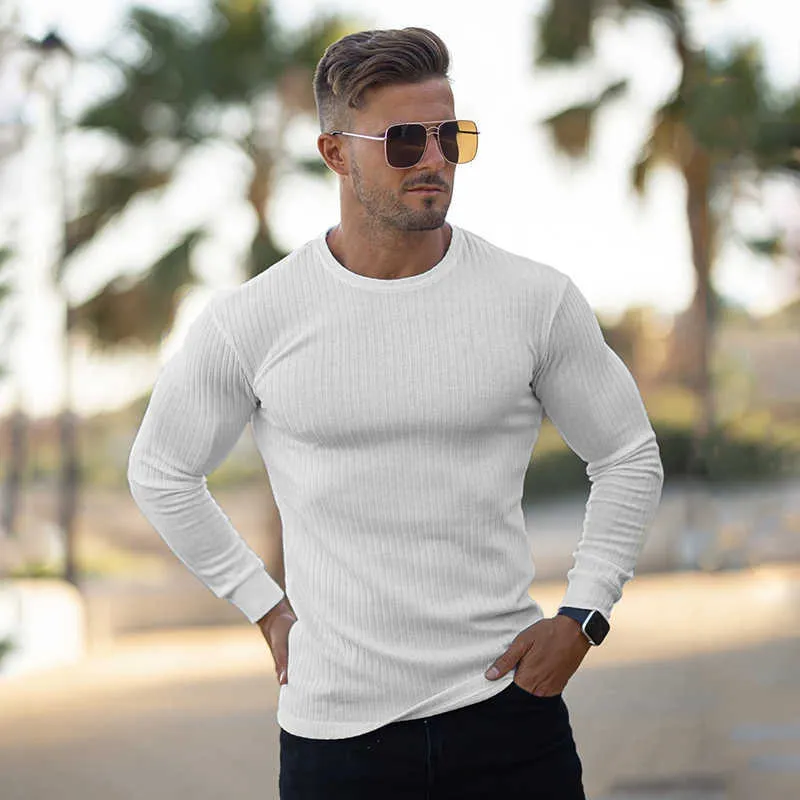 Весенняя мода свитера с круглым вырезом мужские полоски вязаные пуловеры однотонные повседневные свитера мужские осенние Slim Fit трикотажная одежда 211023