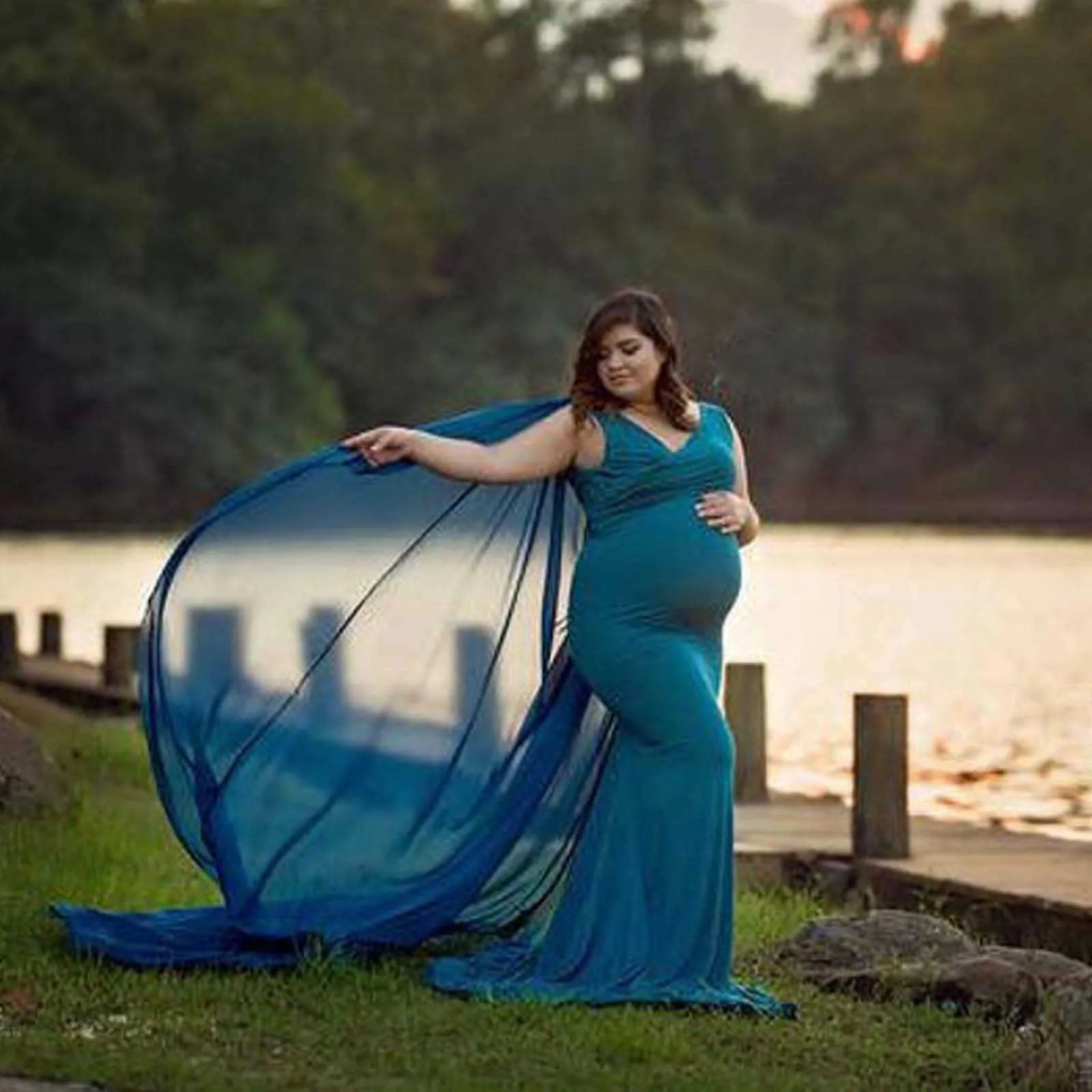 Vestido de embarazo Sesión de fotos Mujeres Embarazo Fotografía Props Sin mangas Maternidad Color Sólido Vestido Flowy Gasa Maxi Vestido Q0713