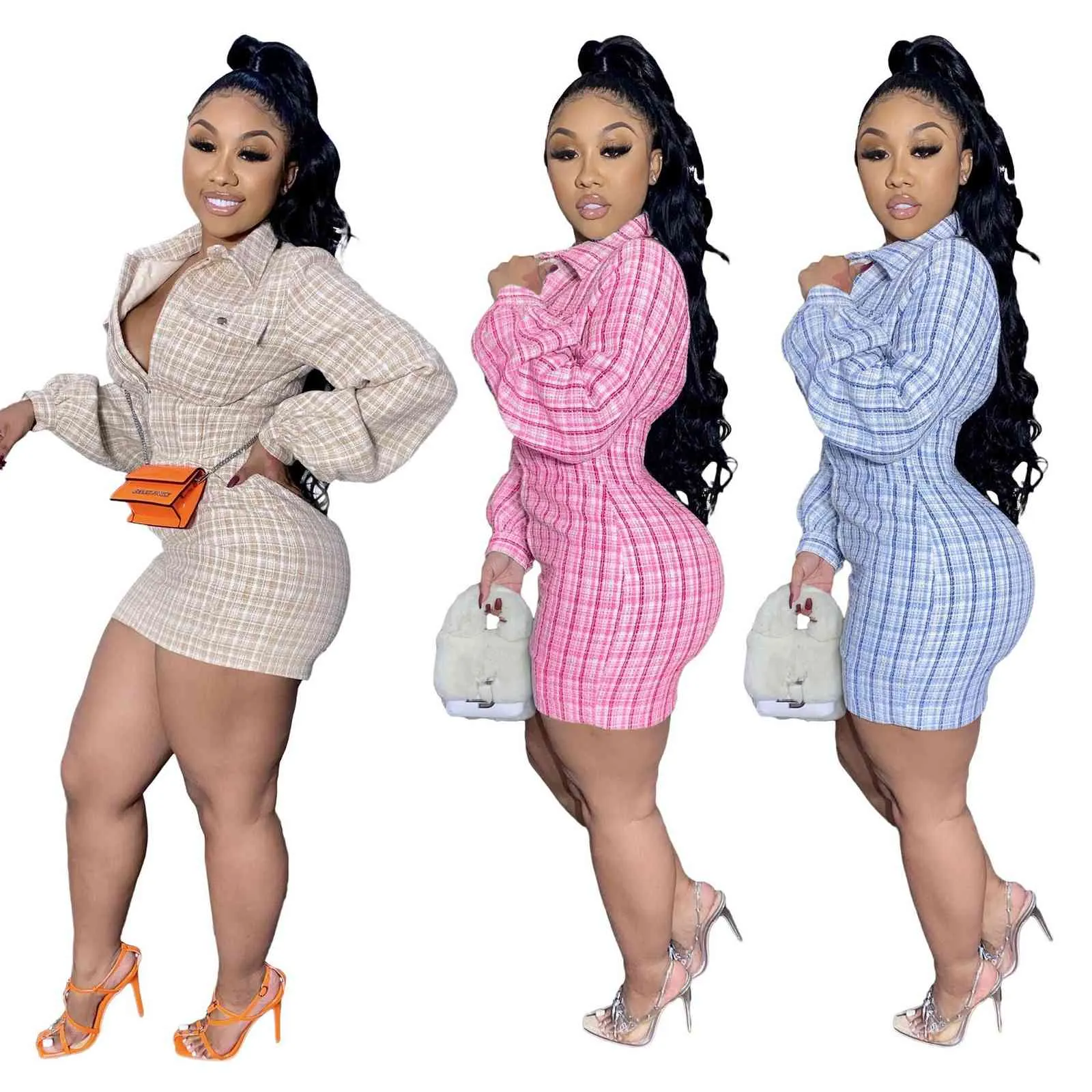 Vente en gros Classic Fashion Plaid Bady Blue Robes Femme Party Night Club Robes à manches longues Tunique Mini Bodycon Streetwear 210525