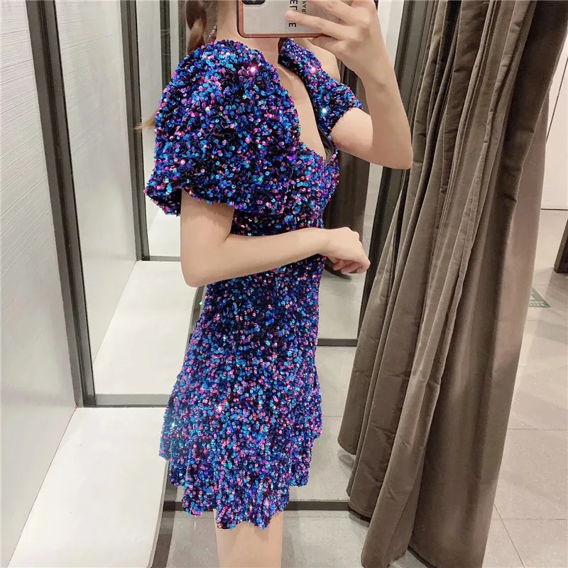 Blue Sequin Mini Dress Women Vintage Sparkly Glitter Short Puff Sleeve Party es Ladies Evening Sexy 210519