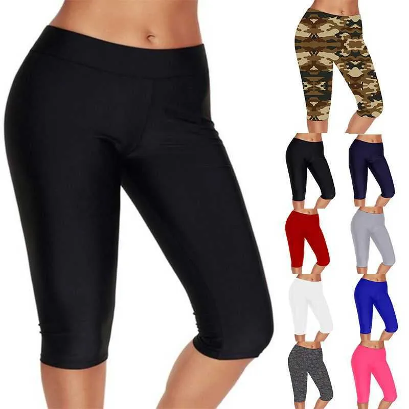 Fashion Women Solid Cycling Soft Mid Waist Leggings Knee Length Fitness Casual Workout Pants Breathable Stylish Sports Trousers Q0801