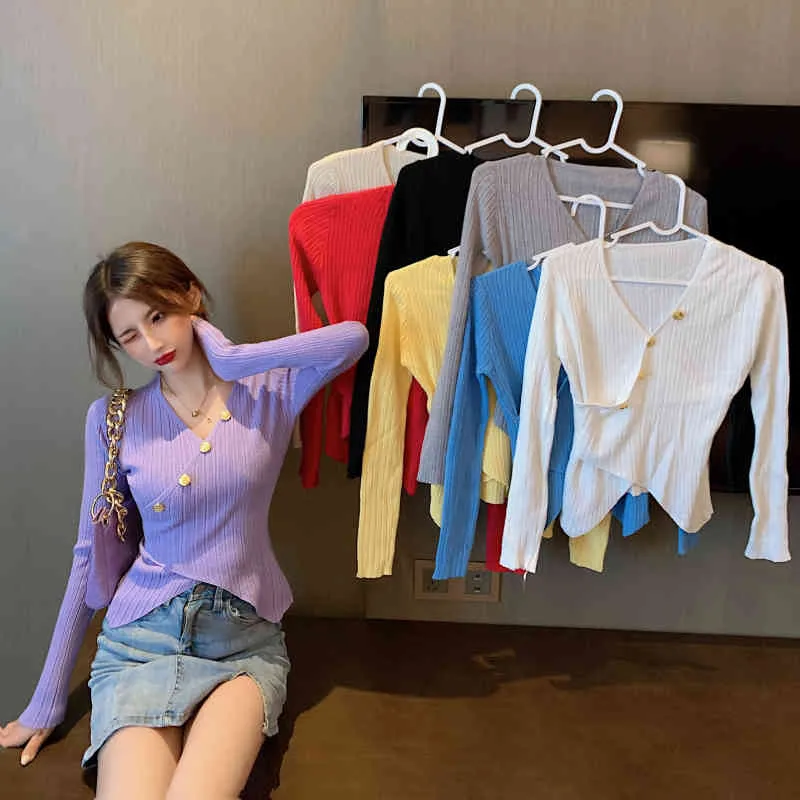春の秋の女性のセーター韓国風のVネック慎重に機械ベースのシャツセクシーなスリム女性ニットトップスLL733 210506