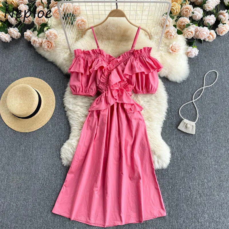 Neploe Summer Sexy Shoulder Strapless Camis Dress Women High Waist Hip A Line Short Sleeve Vestidos Solid Robe 210510