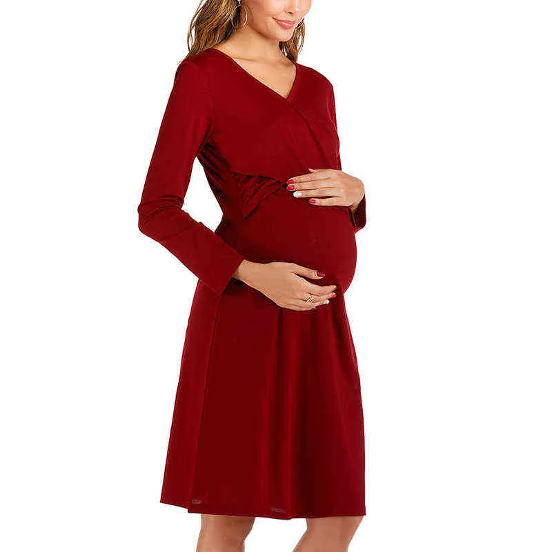 임신 한 여성 의류에 대한 새로운 모유 수유 드레스 출산 옷 솔리드 V 넥 임신 드레스 어머니 착용 이브닝 드레스 G220309