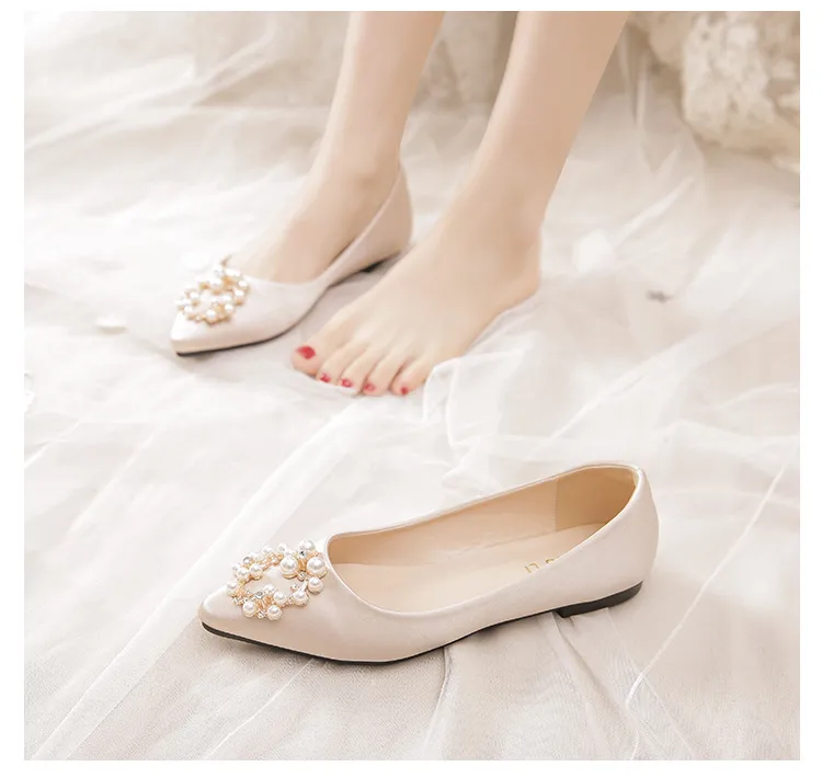 Champagne Satin Pointed Flat Women Shoes Pearls Circle Buckle Diamond Sexy Wedding Bridal Bradesmaid Prom for Lady Shoes2363