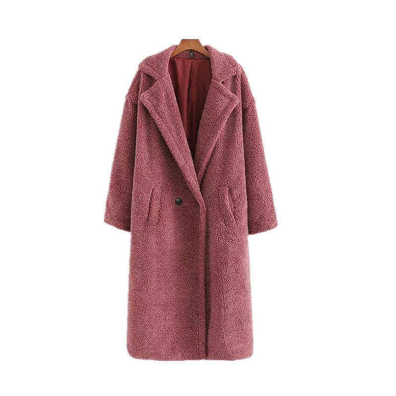 Giacca lunga da donna Cappotto Teddy solido Casual Colletto rovesciato Inverno Caldo Elegante Pelliccia finta Moda Capispalla Donna Giacche Cappotti 211206