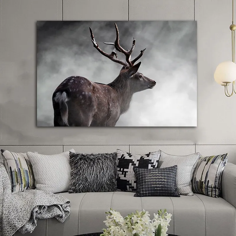 抽象的な鹿ポスターとプリントキャンバス絵画動物の火の煙の壁アートの写真リビングルームの家の屋内装飾