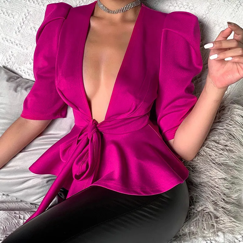 Femmes Blouse Sexy col en V profond avec ceintures Peplum manches Rose rouge demi manches Clubwear fête mode femmes hauts chemises 210416