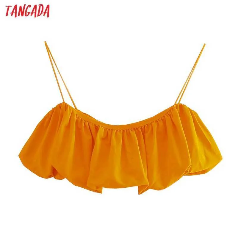 Tangada Mujeres Sexy Naranja Plisado V Cuello Camis Crop Top Beach Spaghetti Strap Camisas cortas Tops 4N42 210609