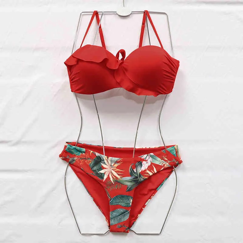 Riseado Sexy Bikinis Push Up Swimwear Women Red Swimsuits Ruffle Bikini Set Floral Print Swim Wear Strap Bathing Suit 210407