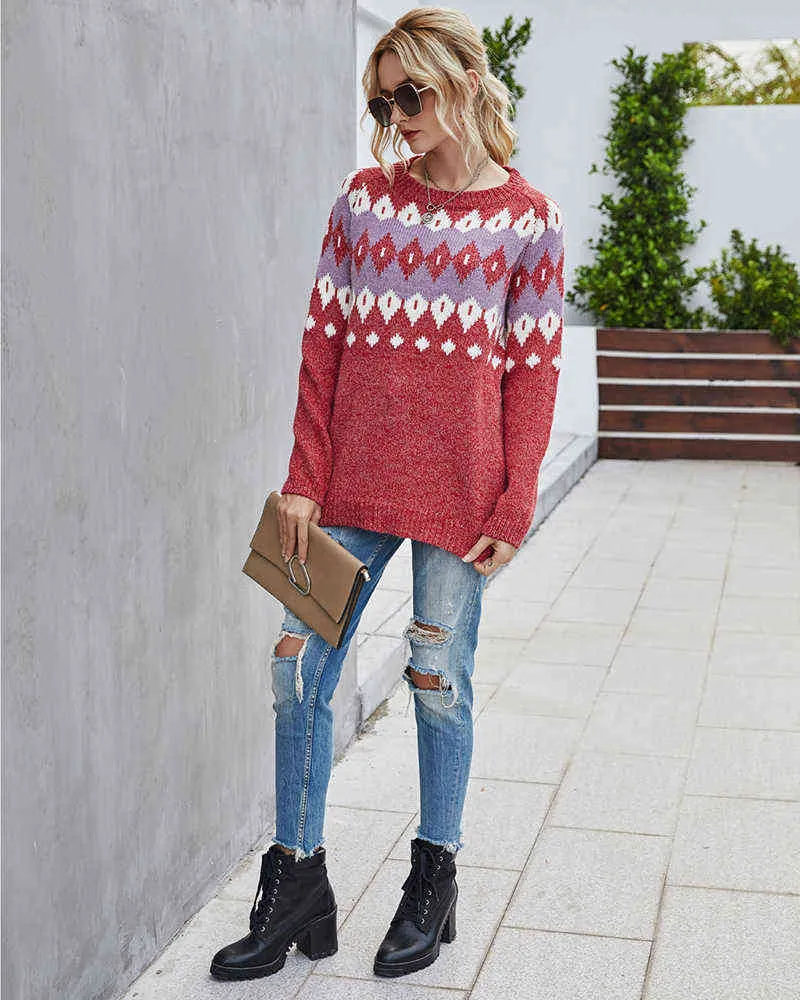 Fitshinling Bohemian Vintage Donna Maglioni e pullover natalizi Maglione rosso geometrico Maglieria Vacanza Brutto maglione Inverno Y1118