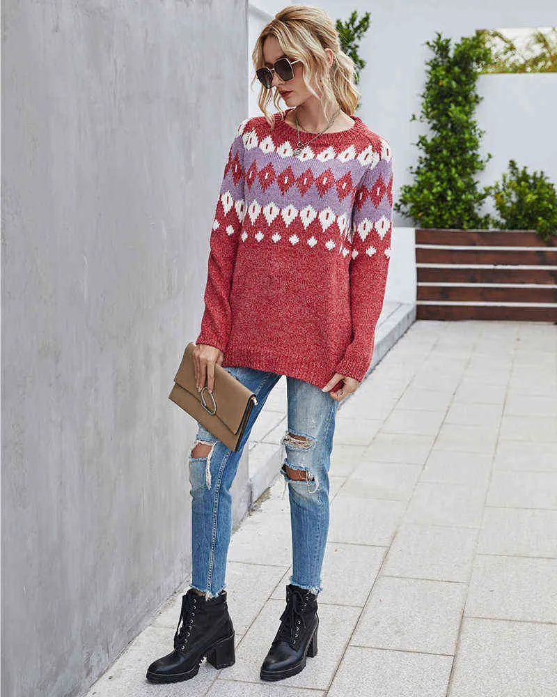 Fitshinling Bohemian Vintage Frauen Weihnachten Pullover Und Pullover Geometrische Rot Jumper Strickwaren Urlaub Hässliche Pullover Winter Y1118