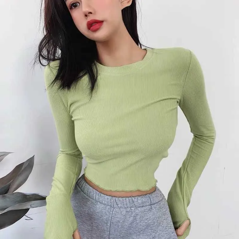 Spring elastic corset women's slim cover refers to long sleeve short T-shirt fashionable top round neck solid color 210604