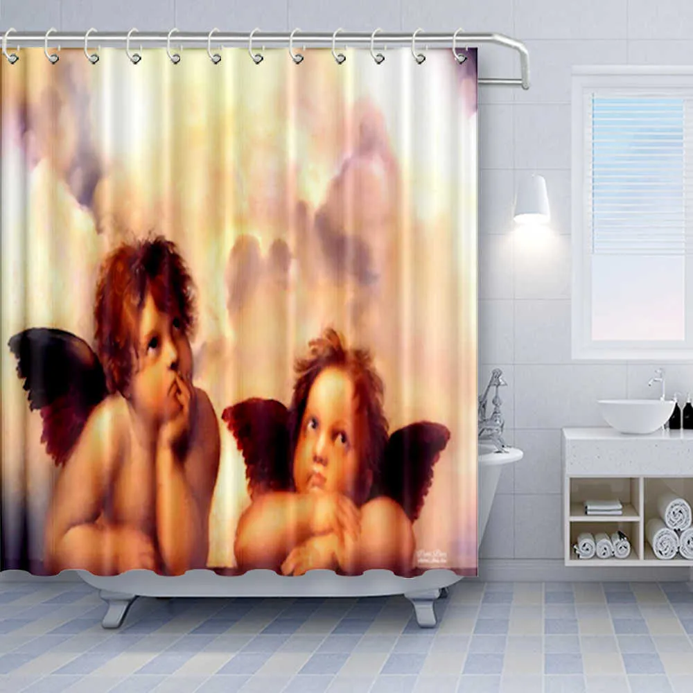 Anjos no céu cortina do chuveiro conjunto de tecido de poliéster lavável lavável fundo cortinas de parede para casa de banho decoração 210915