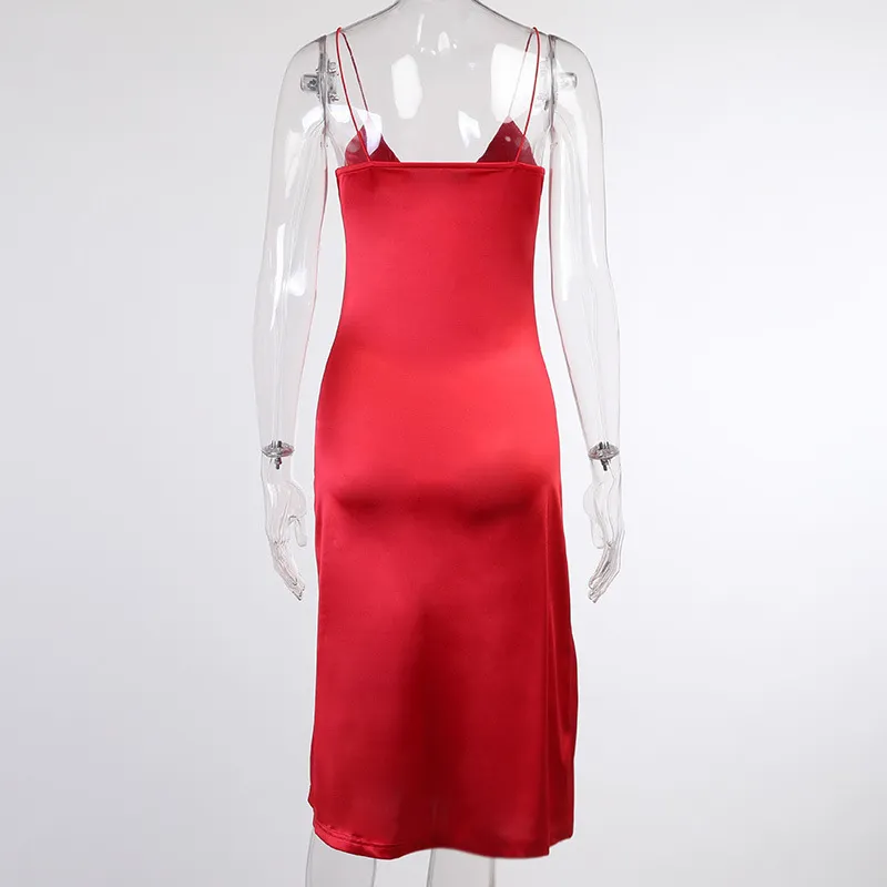 Sexy Seide Frauen Midi Kleid Fee Grunge Spaghetti Strap V-ausschnitt Ärmel Split Kleider Sommer Rot Elegante Party Outfits 210517