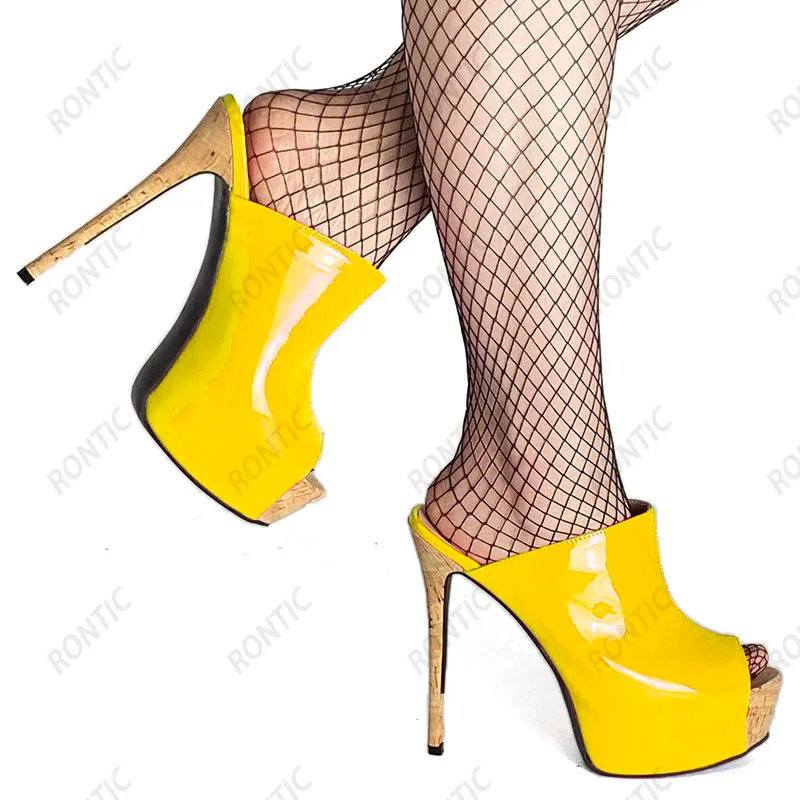 Rontic 100% hecho a mano mujer mulas sandalias charol Sexy tacones de aguja Peep Toe hermosos zapatos de fiesta señoras EE. UU. tamaño 5-20