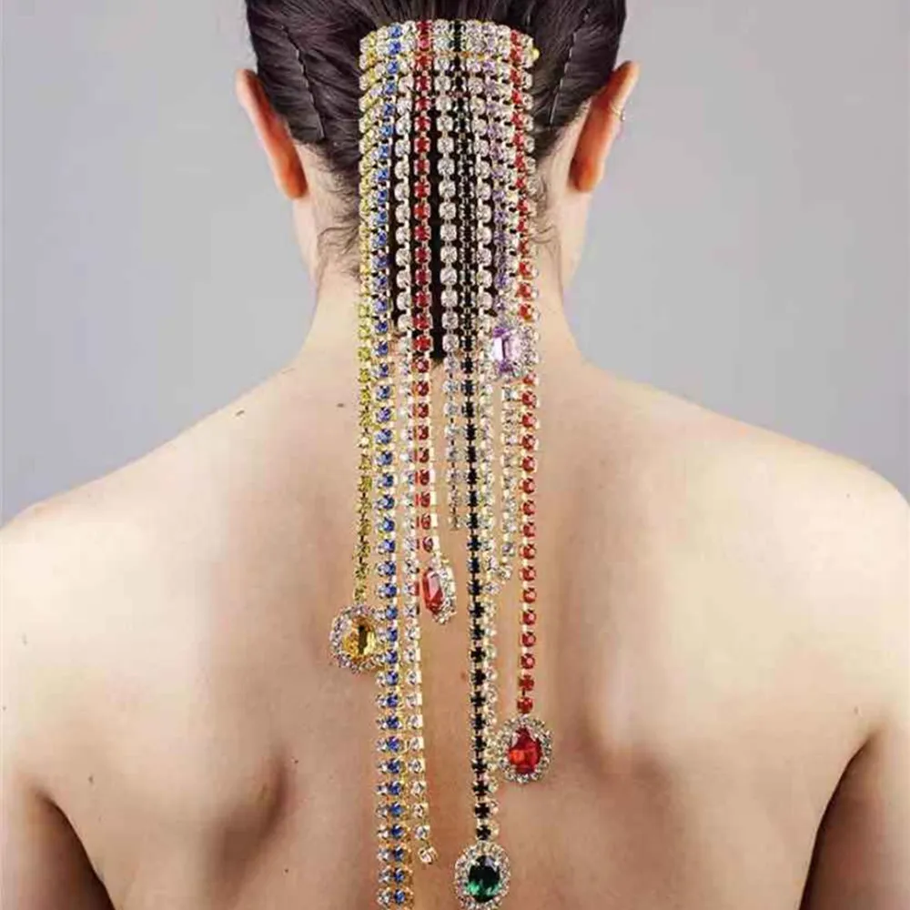 Luxo rhinesotne rabo de cavalo longo borla acessórios headwear para mulheres bling cristal pente de cabelo pino cabeça corrente jóias 9854103