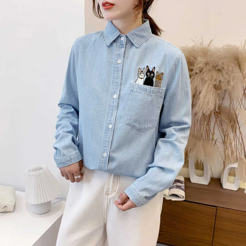 HSA printemps chemisiers décontractés col rabattu Jeans Blusa Denim chemises à manches longues Chic filles Streetwear femmes coréen chat hauts 210716