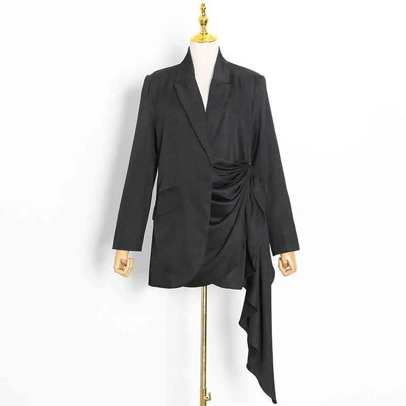 Patchwork geraffter asymmetrischer Blazer für Frauen, gekerbte lange Ärmel, unregelmäßiger Saum, Jacken, weiblicher Modestil 210524