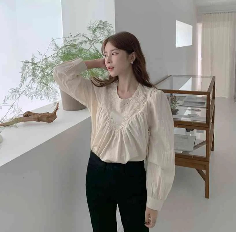 OL Sale Loose Girls Streetwear Gentle All Match Casual Hollow Out Blouses Office Lady Pullovers Shirts 210525