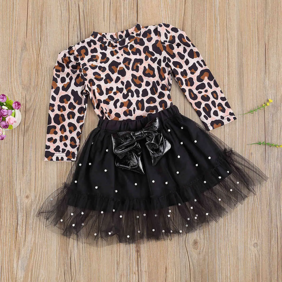 Conjunto de ropa para niñas pequeñas de 1 a 6 años, Tops de leopardo con encaje de perlas y volantes, faldas con lazo, trajes, ropa de otoño para niños 210515
