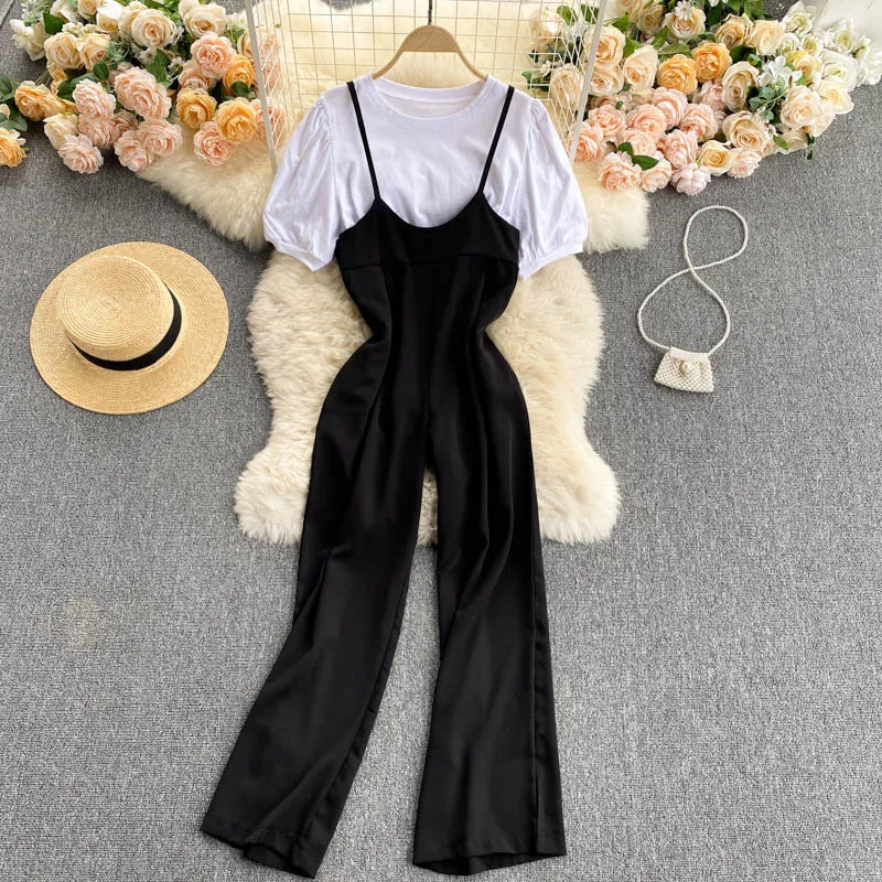 Singreiny Kvinnor Sommar Koreansk Casual Set O Neck Kortärmad Vitare Toppar + Chic Sexig Strap Wide Leg Jumpsuits Two Piece Passits 210419