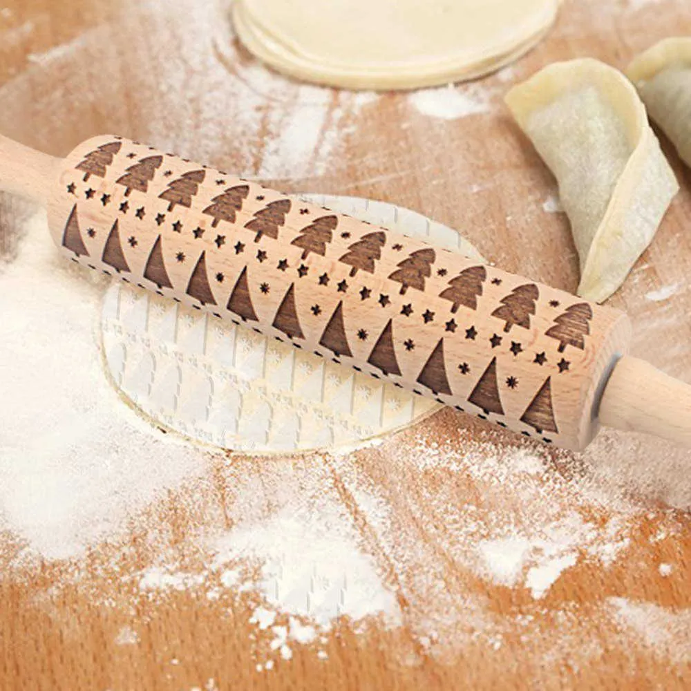 Rolling Pins Beech Christmas Rolling Pin Engraved Embossed Natural Christmas tree Kitchen Accessories Tool Oct25 211008
