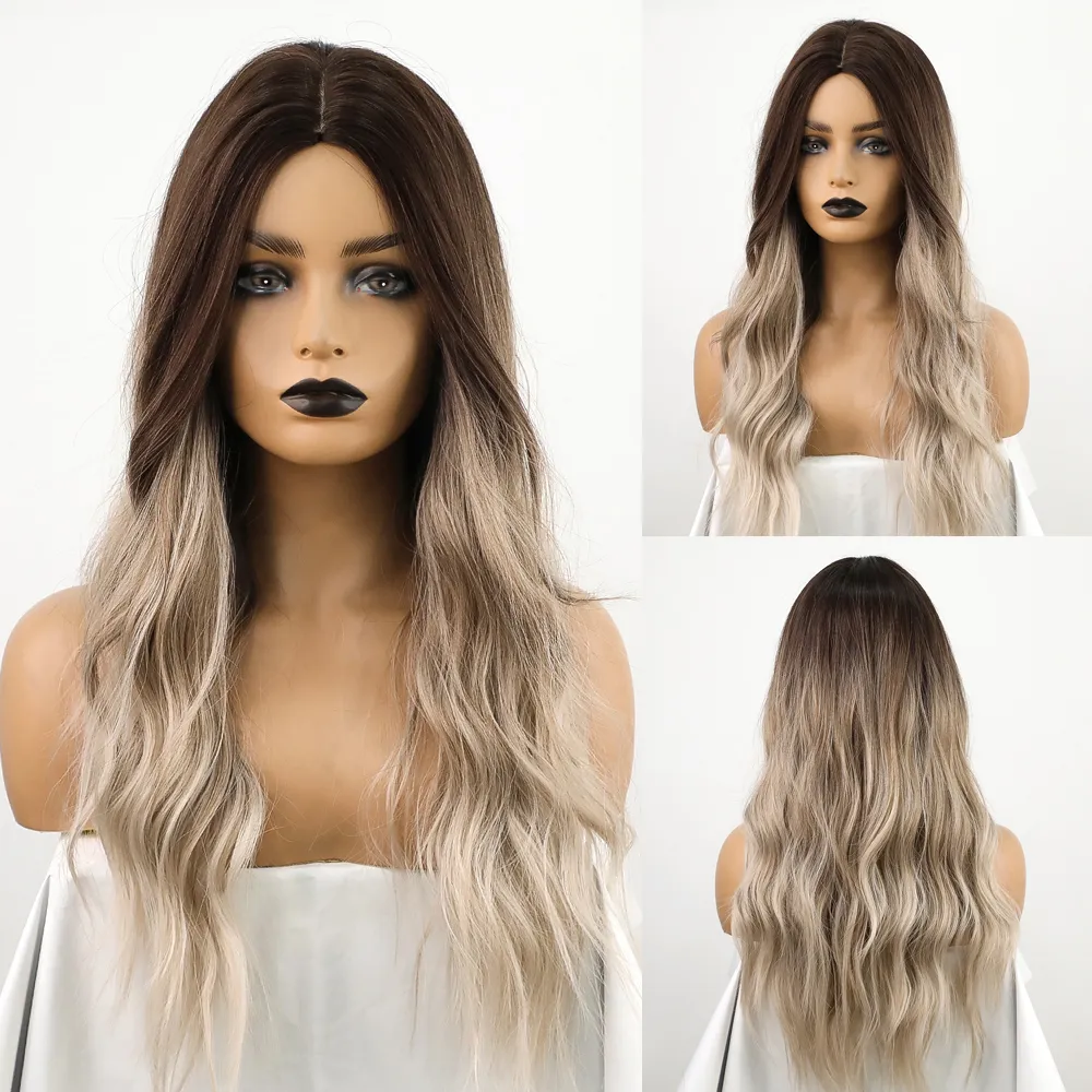 Lange Welle Ombre Schwarz Braun Highlight Blonde Synthetische Perücken Cosplay Mittelteil Natürliche Perücke für Frauen Hitzebeständige Fiberfactory direkt