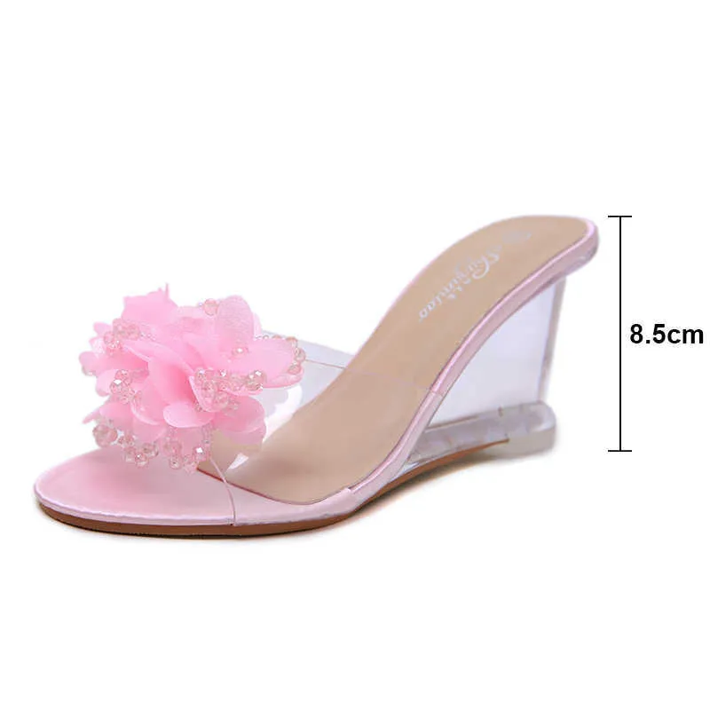 Fashion Flower Transparent High Heels Tofflor Kvinnor 2020 Sommar 8cm Crystal Wedges Sandaler Bling Concise Shoes TWS098 Y0608