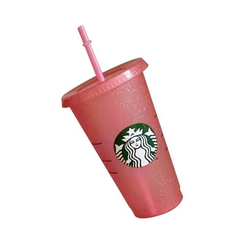 Flash em pó tumbler plástico reutilizável brilhante com tampa e copo de palha, fl oz, de ou presentes de festa Starbucks Portable