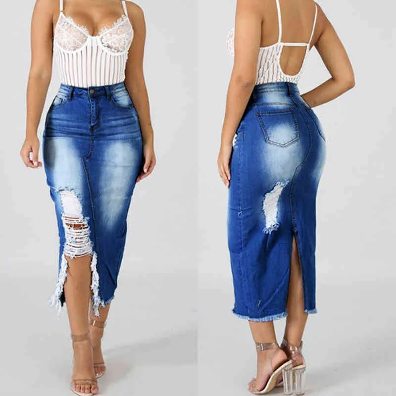 Sexy Denim Rokken Dames 2021 Mode Split Mid Calf Lengte Rokken Vintage Pocket Blue Saia Dames Hoge Taille Midi Rok X0428