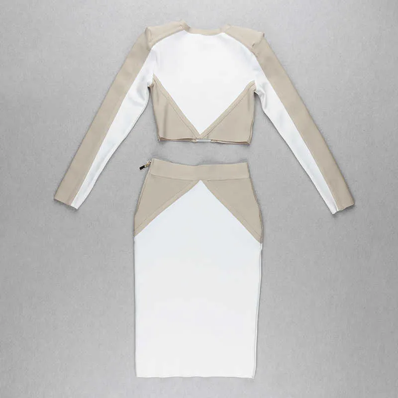 Women Winter Style Sexy Patchwork Long Sleeve Two Pieces White Bandage Set Celebrity Designer Fashion Party Women's 210930
