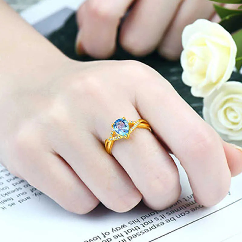 Womens Rings Crystal Jewelry Open Blue Zircon ring gold-plated interwoven heart-shaped hollow woven sea blue diamond Cluster For Female Band styles