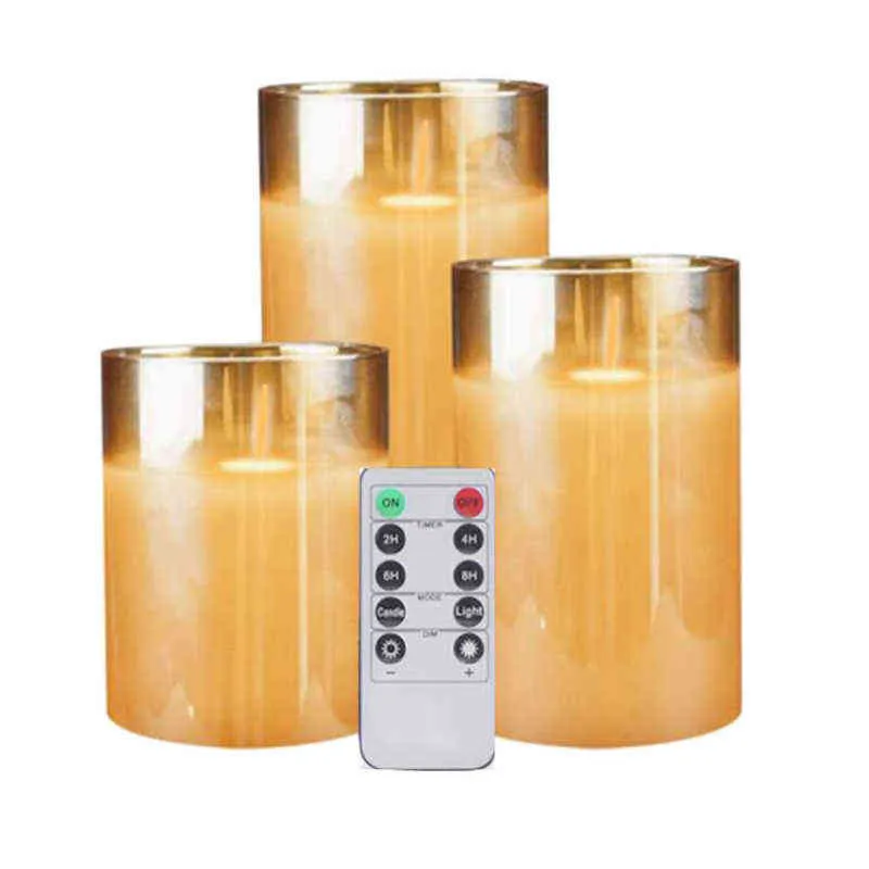 Amber Glass LED Flameless Candles Flickering with Remote,Battery Operated,For Wedding,Festival Decorations,Gift,3 Pack H1222