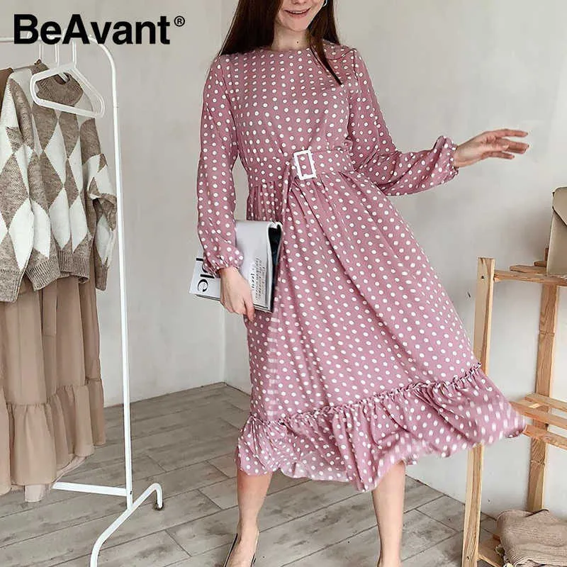 BeAvant A-Linie rosa Schärpen langes Kleid Frauen Rüschen Polka Dot elegantes Kleid Büro Dame Vintage Herbst weibliche Party Vestido 210709