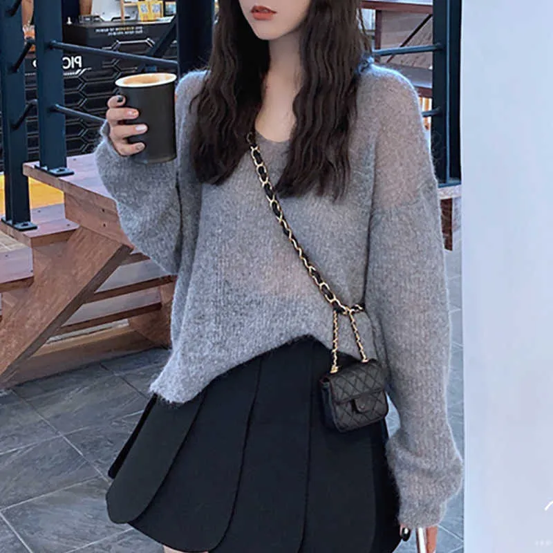Woherb Chic Mohair Thin Hollow Out Top Capes Pullover Vintage Summer Jumper Femme Korean Crop Knitwear 211011