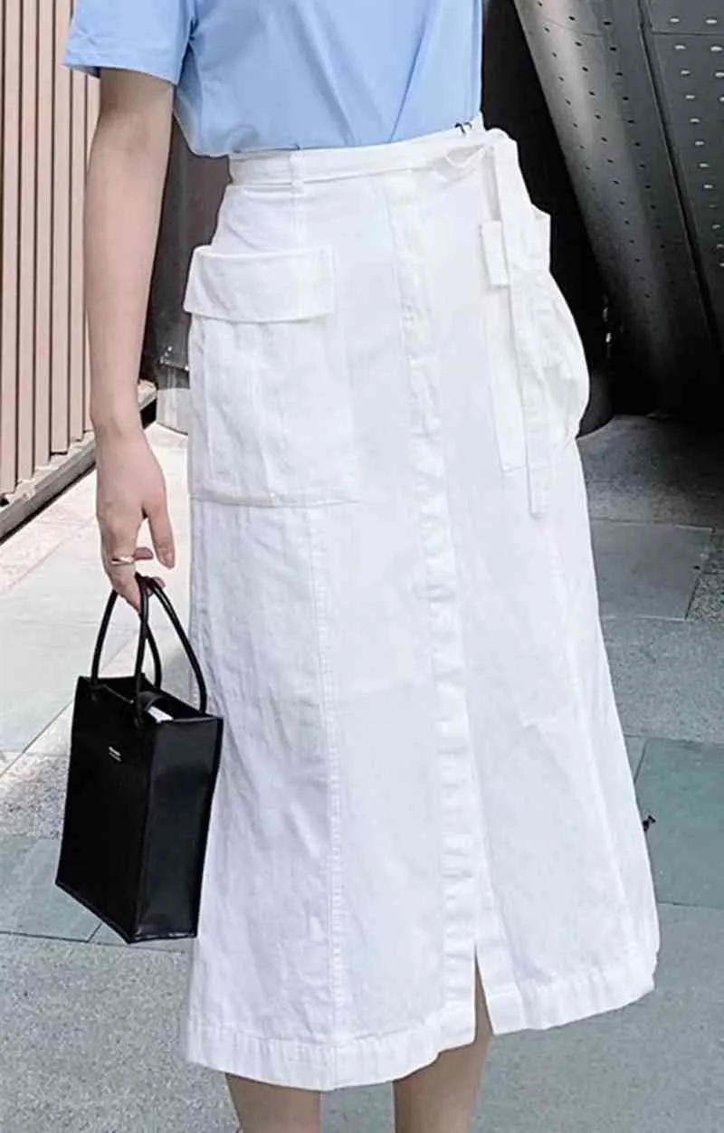Mode taille haute à lacets fente jupe blanche femme double poches conception Faldas Feminino printemps été Jupe Mujer 210514