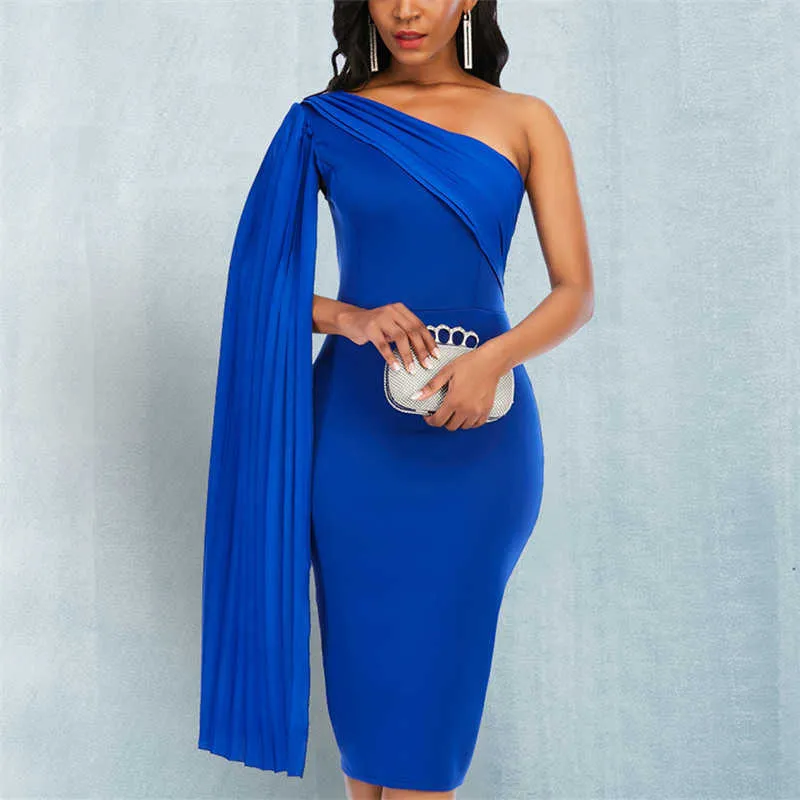 Kobiety Party Dress Blue Eleganckie Celebrity Sexy Jedno ramię Ruched Ribbon Bodycon Plus Size Czerwony Kolacja Data Out Night Dresses XL 210719