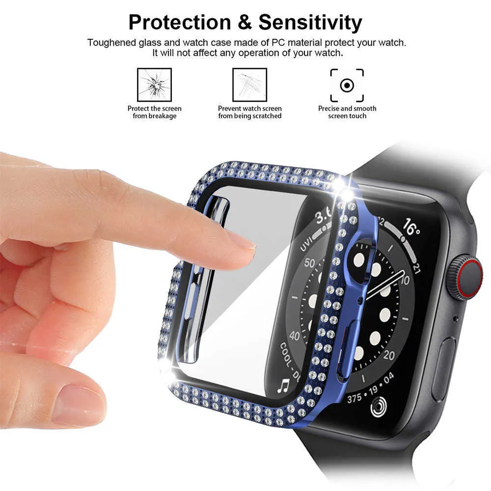Bekijk beschermhoes voor Apple Smartwatch 7 6 5 4 3 2 1 SE met gehard glazen schermbeschermer verdubbeling Diamond Cover Compatib6177997